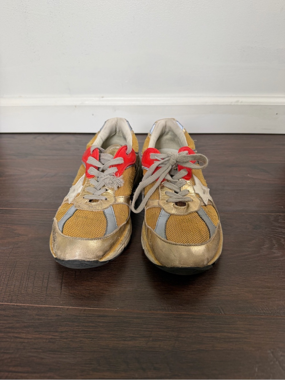Golden Goose Metallic Gold and Red Running Sneakers - Picture 2 of 3